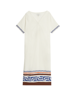 Linen Rich Printed V-Neck Midi Shift Dress