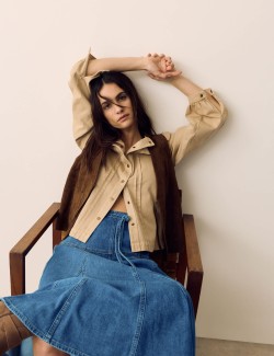 Džínová midi sukně se zavazováním v pase