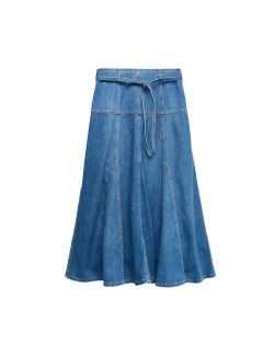 Džínová midi sukně se zavazováním v pase