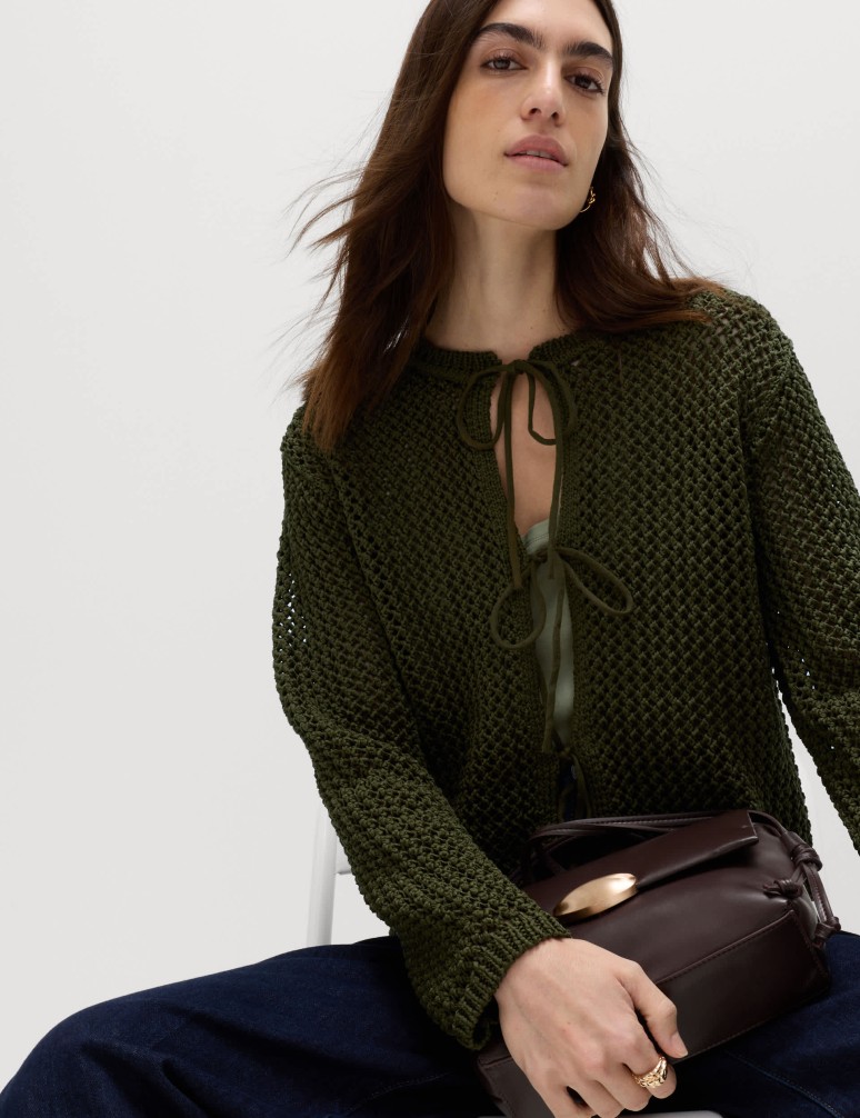 Textured Tie Front Slim Fit Cropped Cardigan