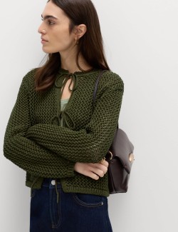 Textured Tie Front Slim Fit Cropped Cardigan