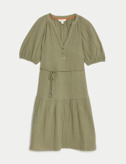 Pure Cotton Textured Notch Neck Tiered Dress