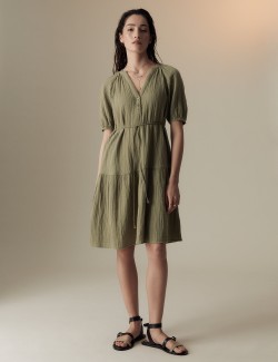 Pure Cotton Textured Notch Neck Tiered Dress