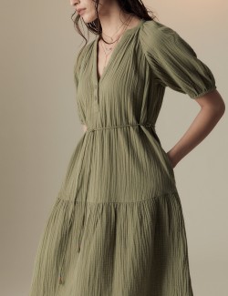 Pure Cotton Textured Notch Neck Tiered Dress