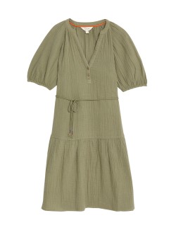 Pure Cotton Textured Notch Neck Tiered Dress