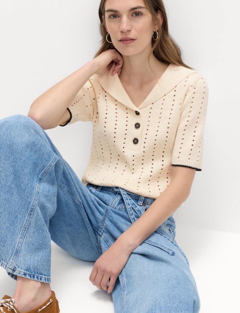 Cotton Rich Pointelle Collared Knitted Top