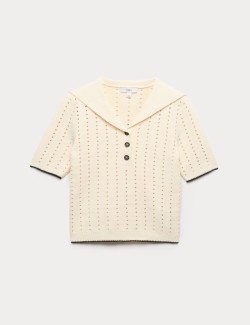 Cotton Rich Pointelle Collared Knitted Top