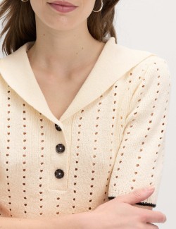 Cotton Rich Pointelle Collared Knitted Top