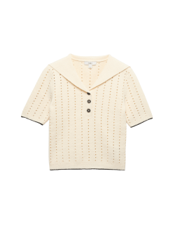 Cotton Rich Pointelle Collared Knitted Top