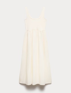 Cotton Rich Square Neck Midi Waisted Dress