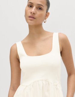 Cotton Rich Square Neck Midi Waisted Dress