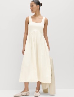 Cotton Rich Square Neck Midi Waisted Dress