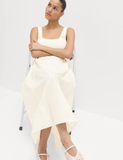 Cotton Rich Square Neck Midi Waisted Dress