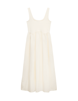 Cotton Rich Square Neck Midi Waisted Dress