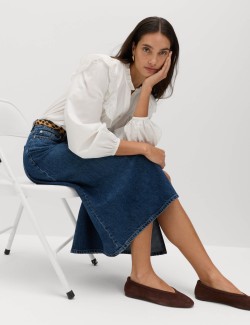 Zavinovací asymetrická džínová midi sukně z čisté bavlny