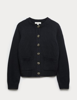 Cotton Rich Crew Neck Button Front Cardigan
