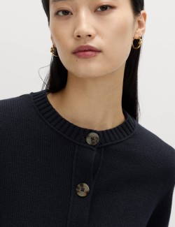 Cotton Rich Crew Neck Button Front Cardigan