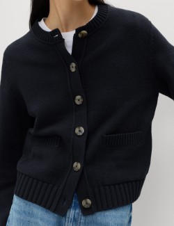 Cotton Rich Crew Neck Button Front Cardigan
