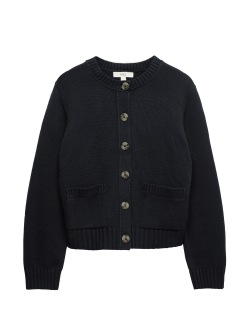 Cotton Rich Crew Neck Button Front Cardigan