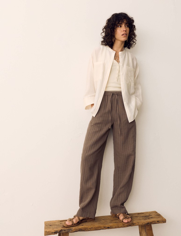 Pruhované zúžené kalhoty s lnem