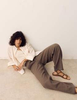 Pruhované zúžené kalhoty s lnem