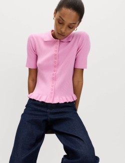 Ribbed Frill Detail Collared Cardigan