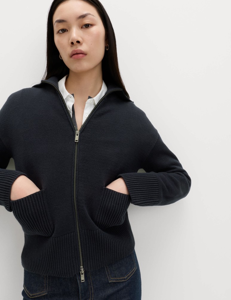 Cotton Rich Pocket Detail Collared Knitted Jacket