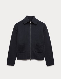 Cotton Rich Pocket Detail Collared Knitted Jacket