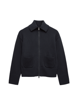 Cotton Rich Pocket Detail Collared Knitted Jacket