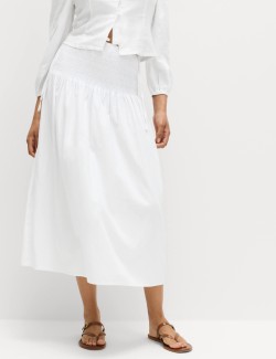 Linen Rich Shirred Tie Detail Maxi Skirt
