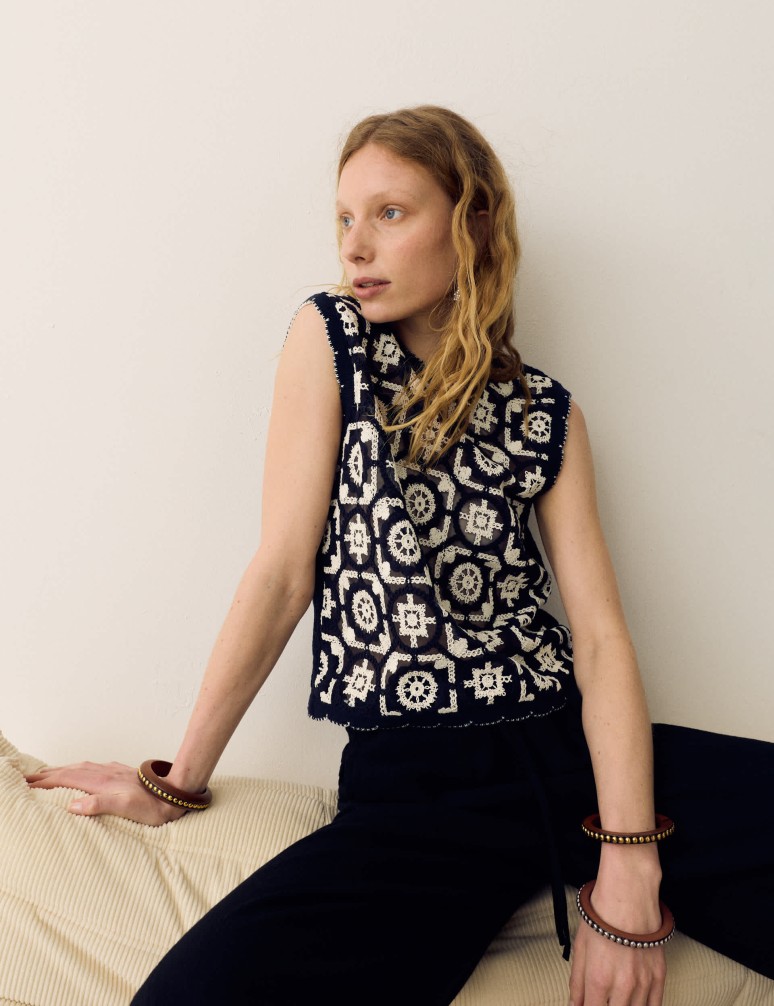 Cotton Rich Monotone Floral Crochet-Inspired Tabard