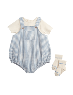 Trojdílný outfit body a ponožek z materiálu Gingham s vysokým podílem bavlny (3,2 kg – 3 roky)