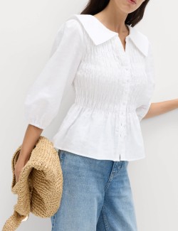 Linen Rich Collared Shirred Shirt