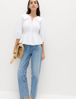 Linen Rich Collared Shirred Shirt