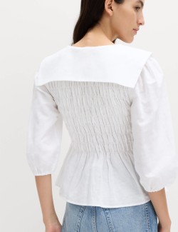 Linen Rich Collared Shirred Shirt