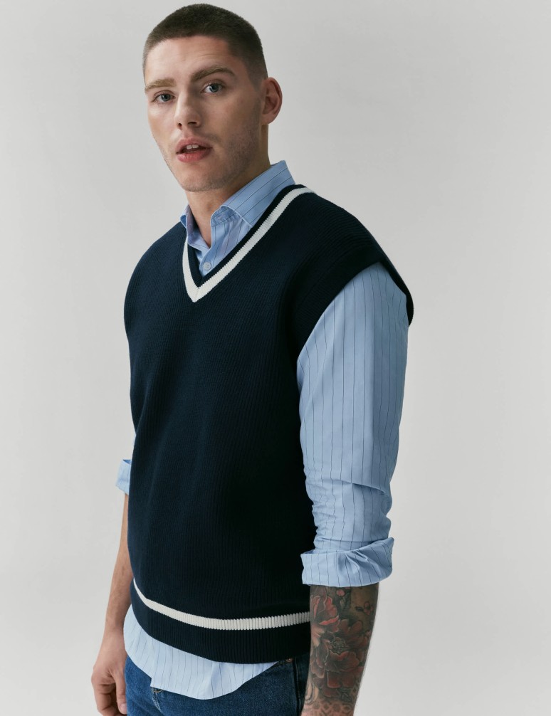 Cotton Blend Tipped V-Neck Knitted Vest