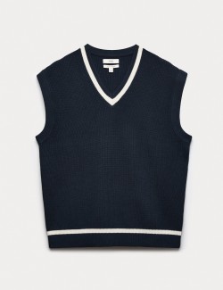 Cotton Blend Tipped V-Neck Knitted Vest