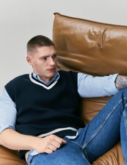 Cotton Blend Tipped V-Neck Knitted Vest