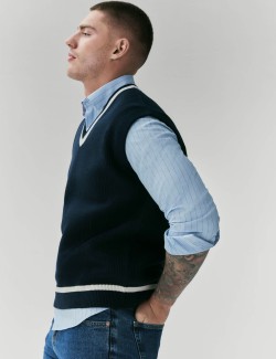 Cotton Blend Tipped V-Neck Knitted Vest