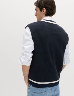 Cotton Blend Tipped V-Neck Knitted Vest