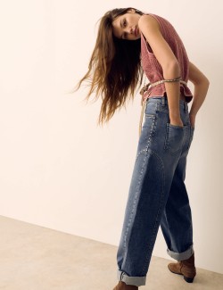 Western High Waisted Studded Tapered Jeans