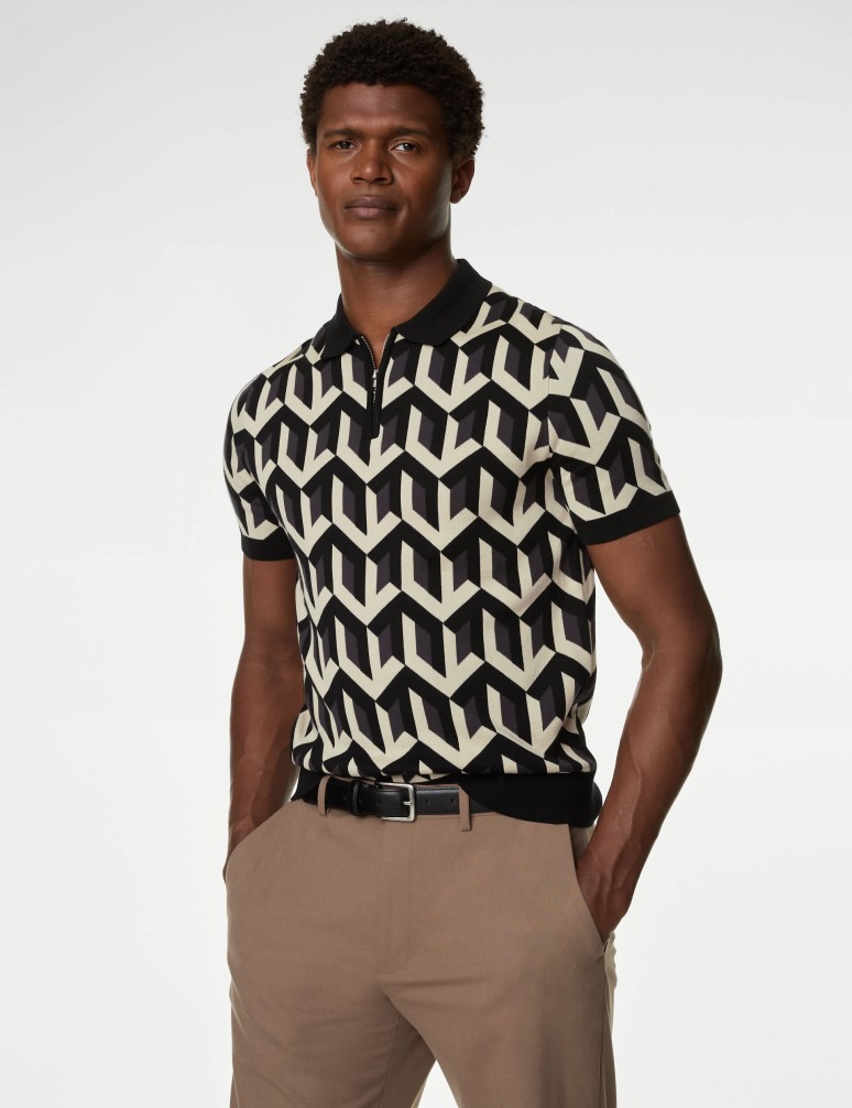 Cotton Rich Geometric Knitted Polo Shirt