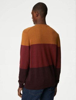 Pure Cotton Colour Block Crew Neck Jumper