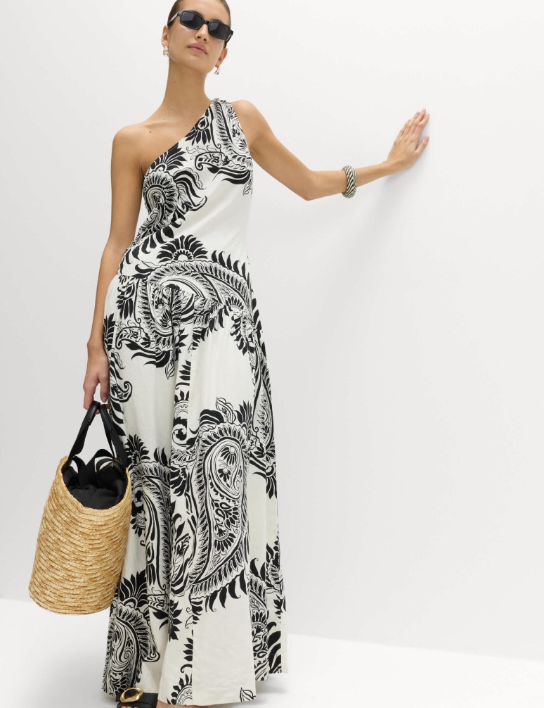 Splývavé maxi šaty na jedno rameno s vysokým podílem lnu