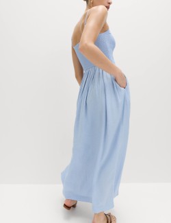 Linen Rich Shirred Midi Dress