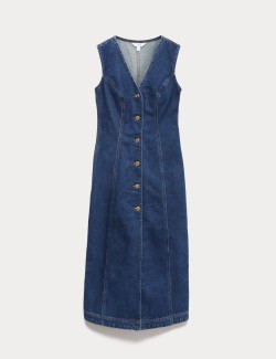 Neformální džínové splývavé midi šaty s výstřihem do V