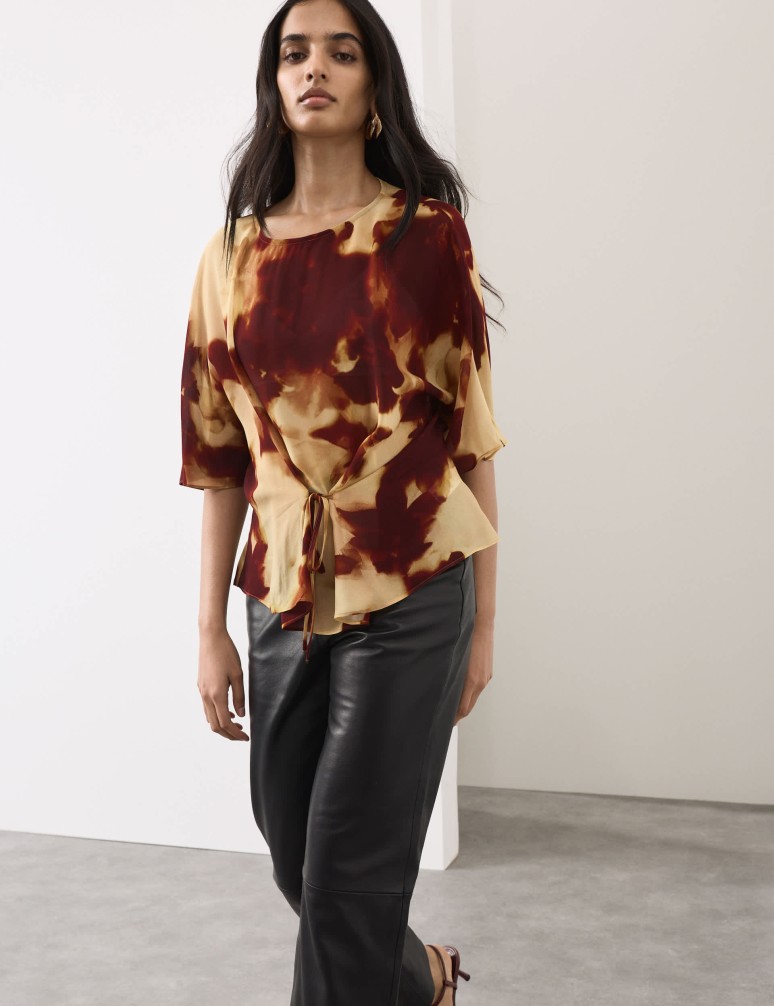 Printed Tie Front Top