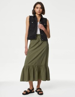 Button Front Midaxi Tiered Skirt