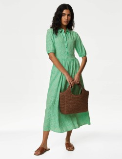 Printed Collared Puff Sleeve Midi Shirt Dress