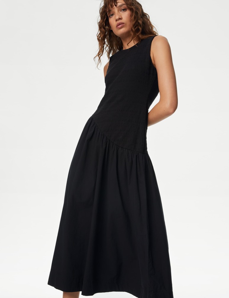 Cotton Blend Textured Midi Drop Waist Dress